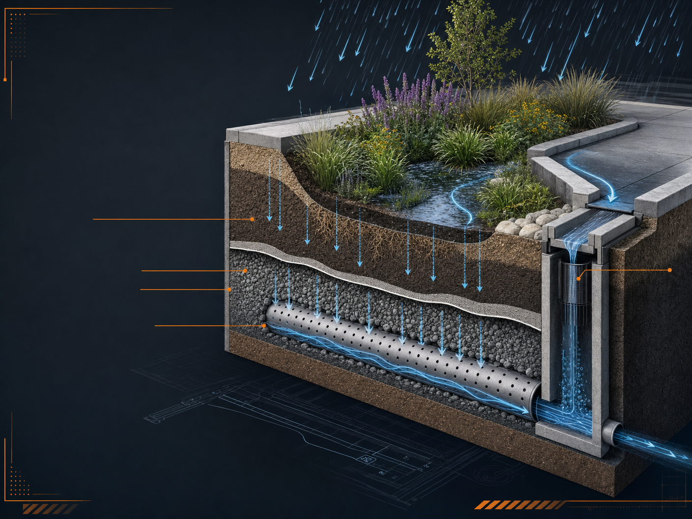 Isometric technical illustration of engineered rain garden and bio-swale water flow methodology